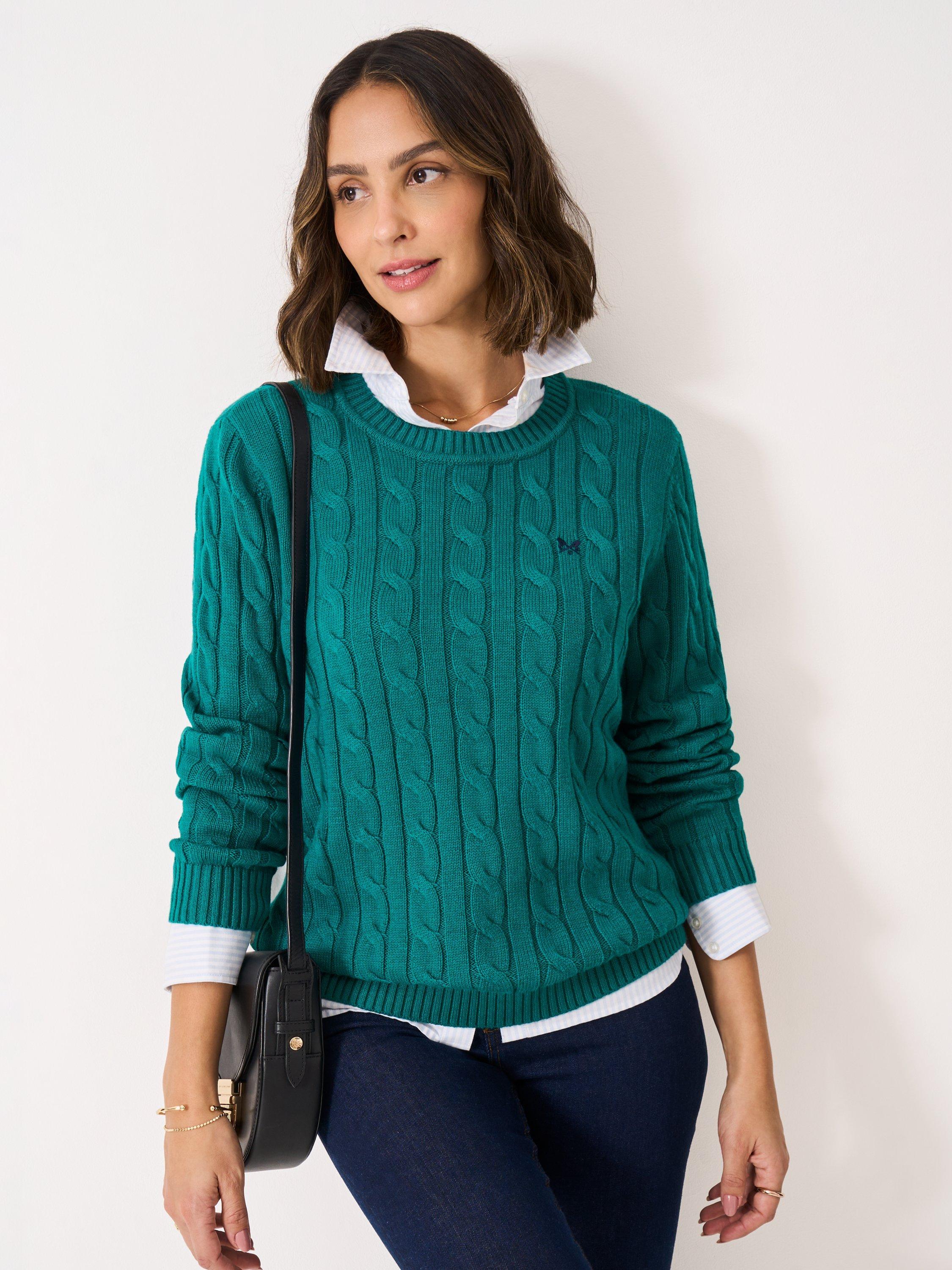 Product image 1 of 5, which shows Crew Clothing Heritage Cable Knit Jumper, Dark Green, 8
