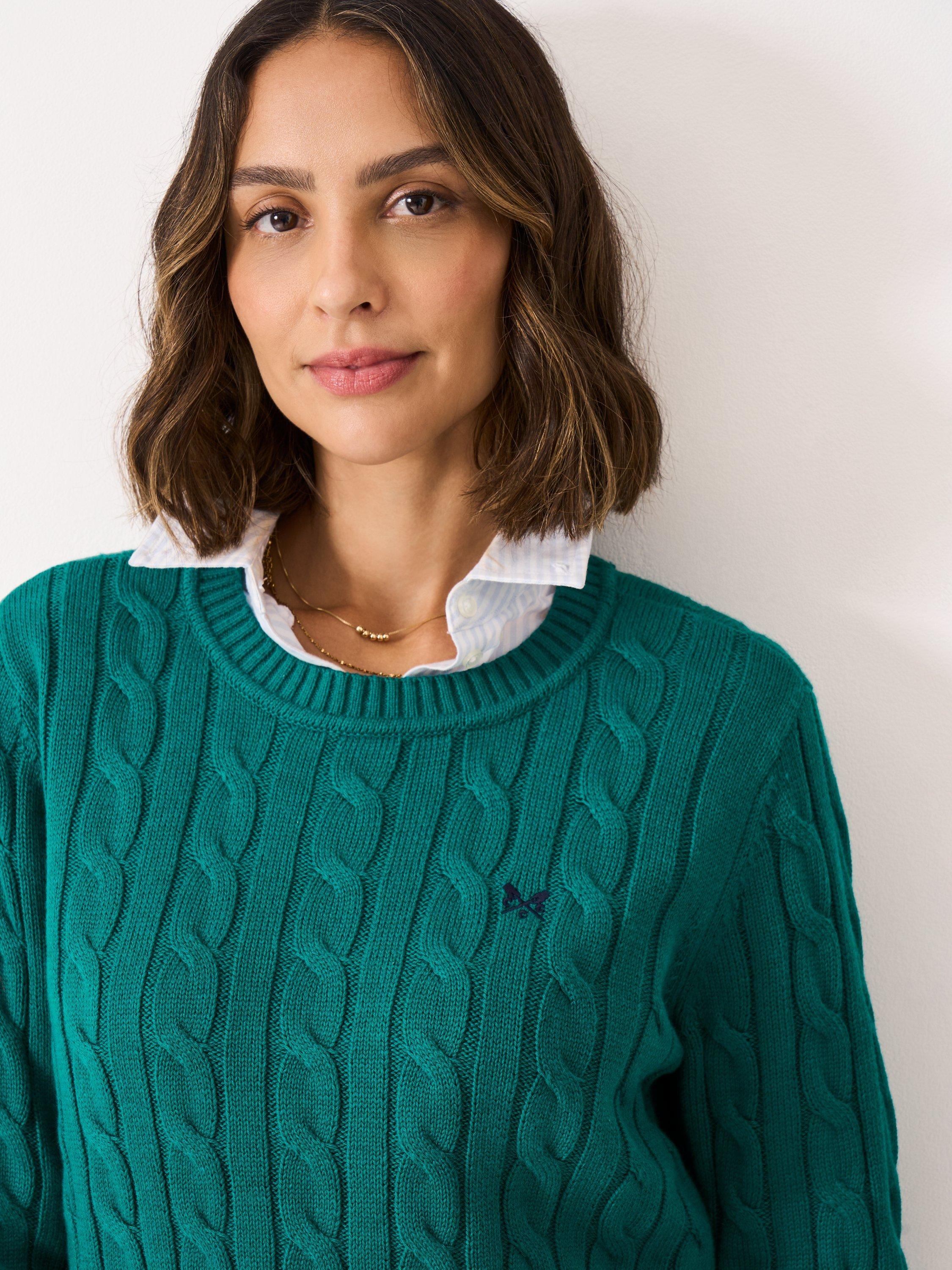 Product image 4 of 5, which shows Crew Clothing Heritage Cable Knit Jumper, Dark Green, 8