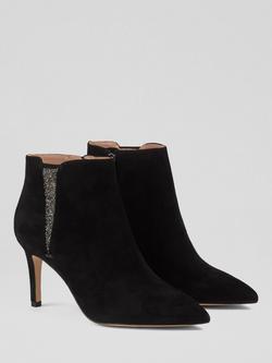 L.K.Bennett Queenie Suede Crystal Detail Ankle Boots, Black - view 2, Black