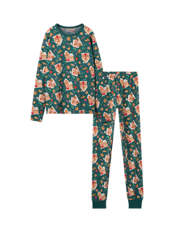 Polarn O. Pyret Cotton Blend Gingerbread House Print Pyjama Set, Green, Green