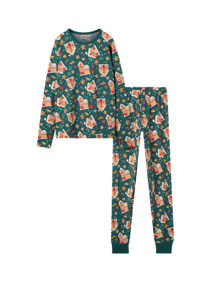 Polarn O. Pyret Cotton Blend Gingerbread House Print Pyjama Set, Green, Green