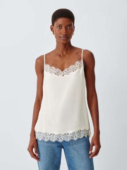 John Lewis Pure Silk Lace Trim Cami Top, Off White