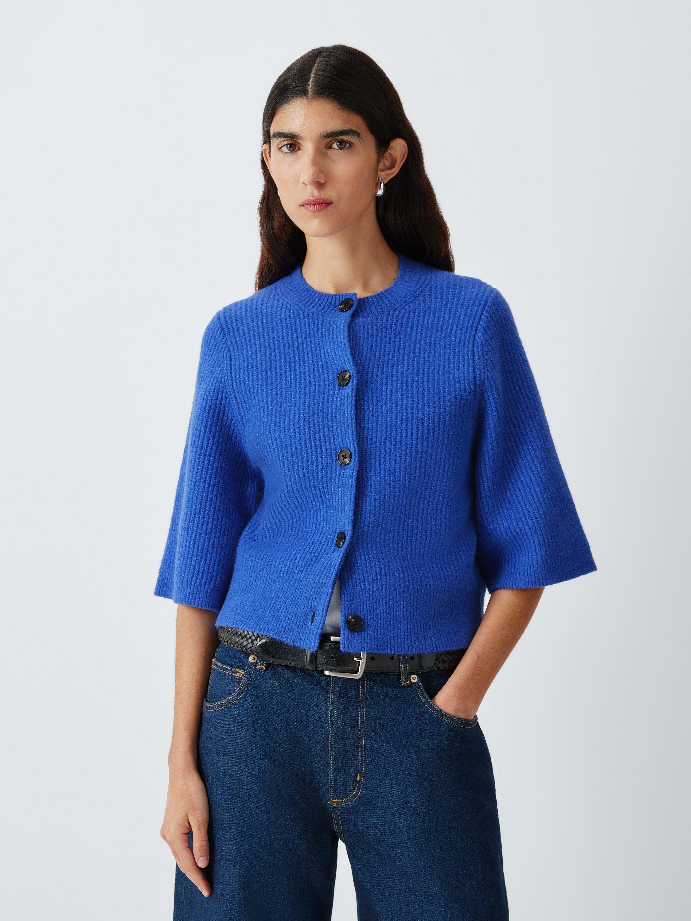 Product image 1 of 6, which shows John Lewis Short Sleeve Rib Knit Cardigan, Baja Blue, 8