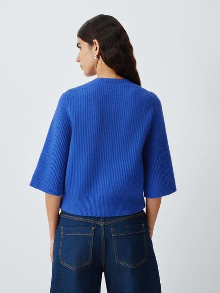 John Lewis Short Sleeve Rib Knit Cardigan - view 2, Baja Blue
