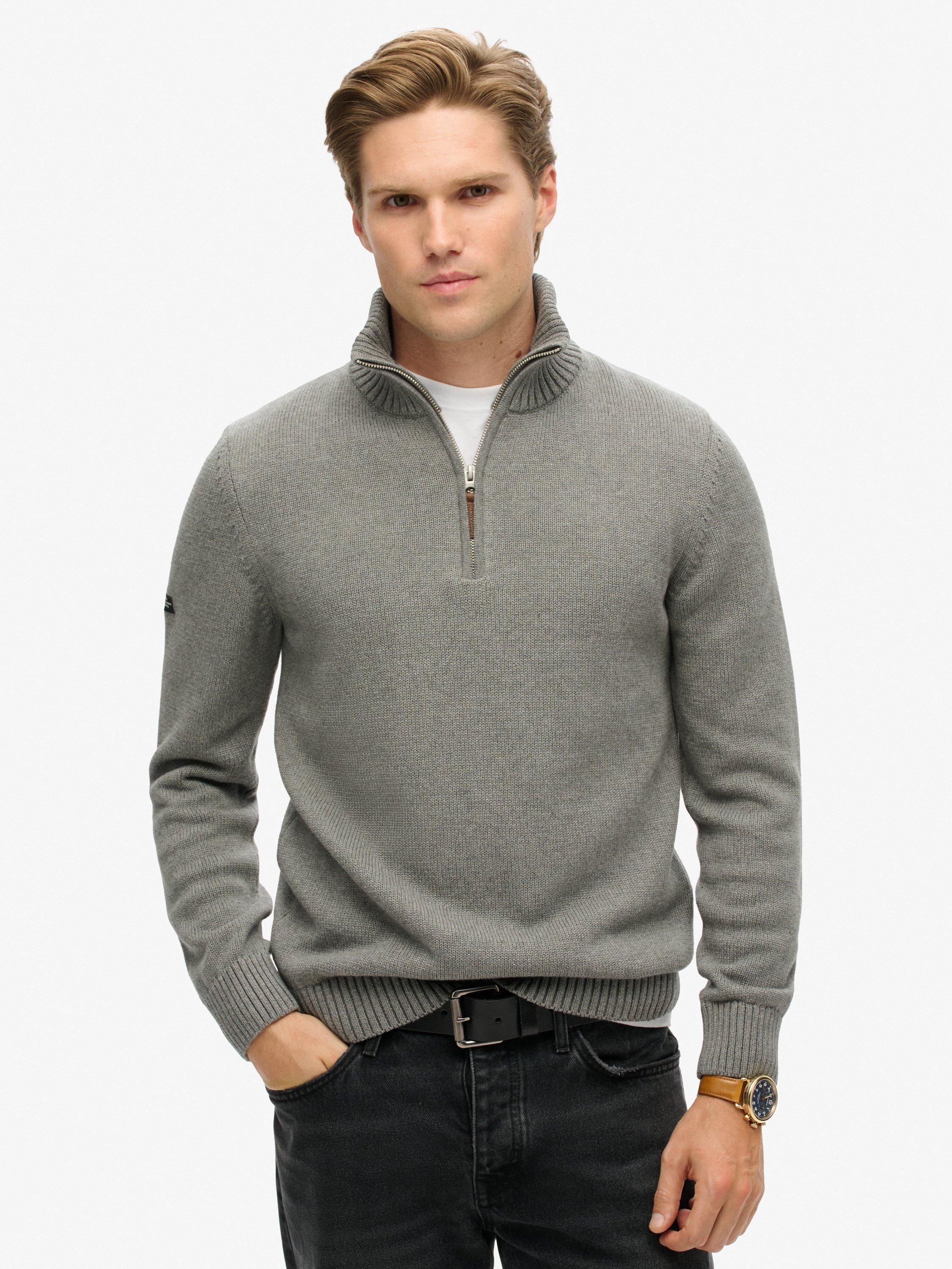 Product image 1 of 5, which shows Superdry Organic Cotton Classics Half Zip High Neck Jumper, Grey Marl, S