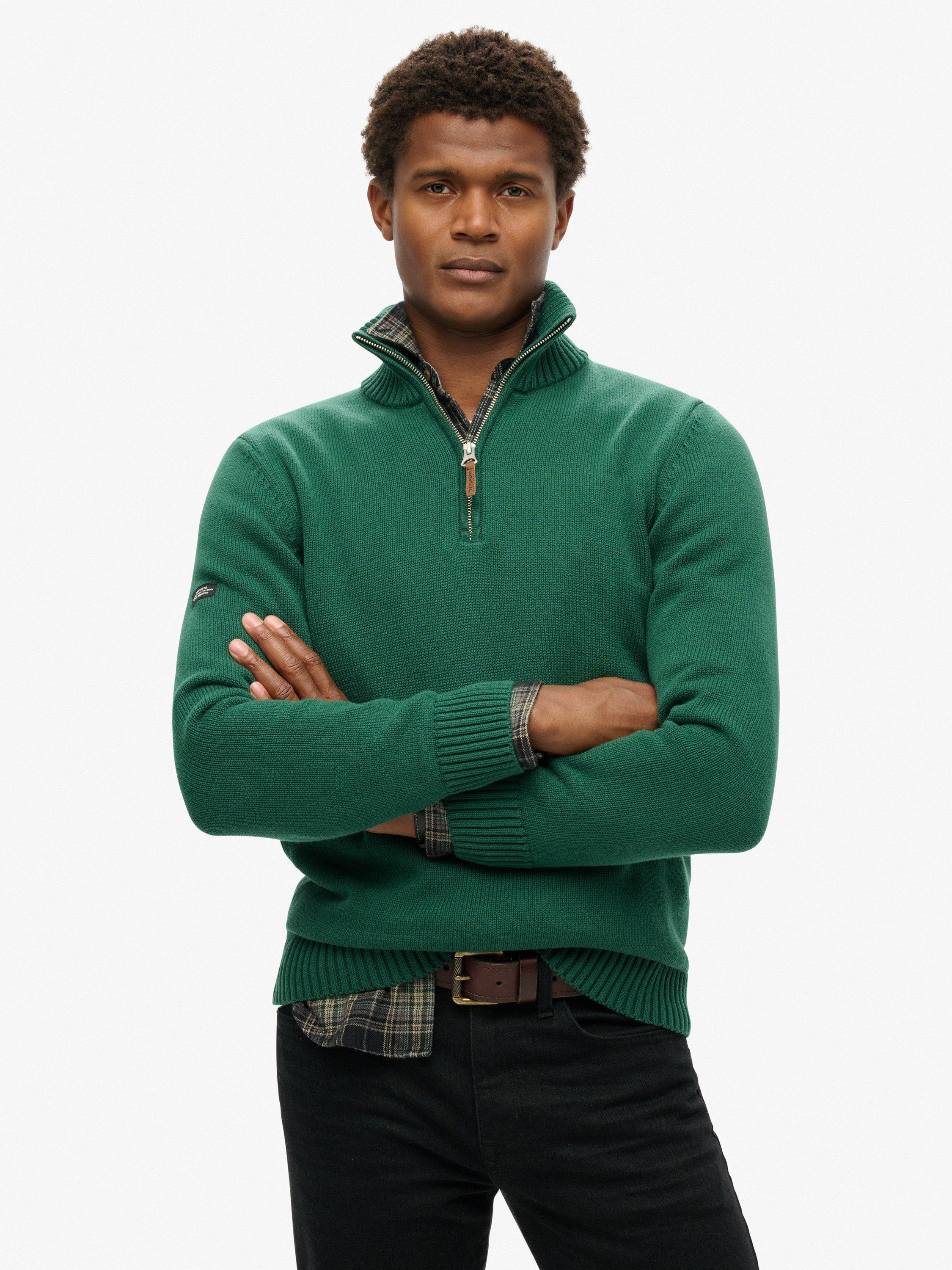 Product image 1 of 5, which shows Superdry Organic Cotton Classics Half Zip High Neck Jumper, Forest Green, S