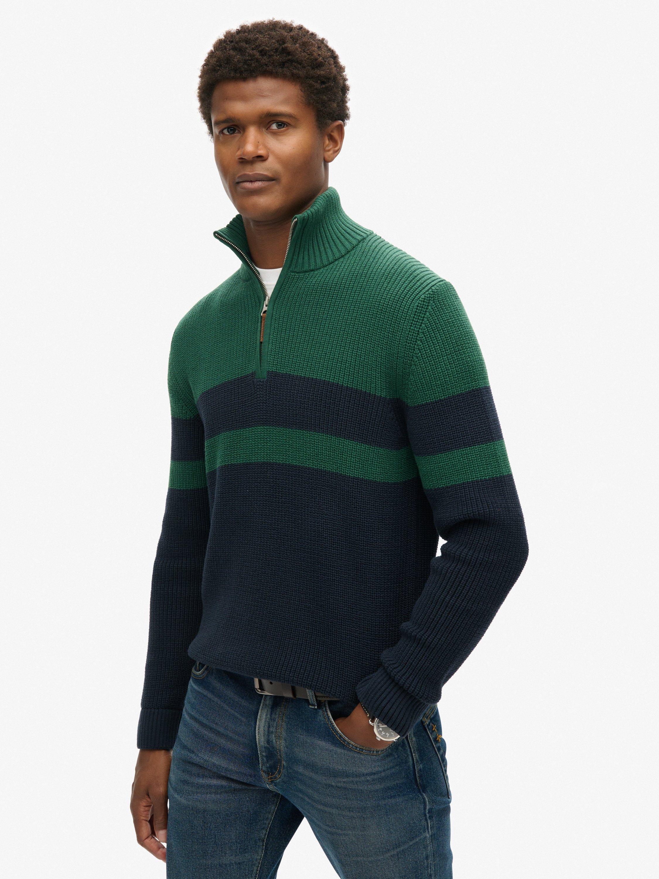 Product image 1 of 11, which shows Superdry Organic Cotton Classic Stripe Half-zip Jumper, Navy/Green, S
