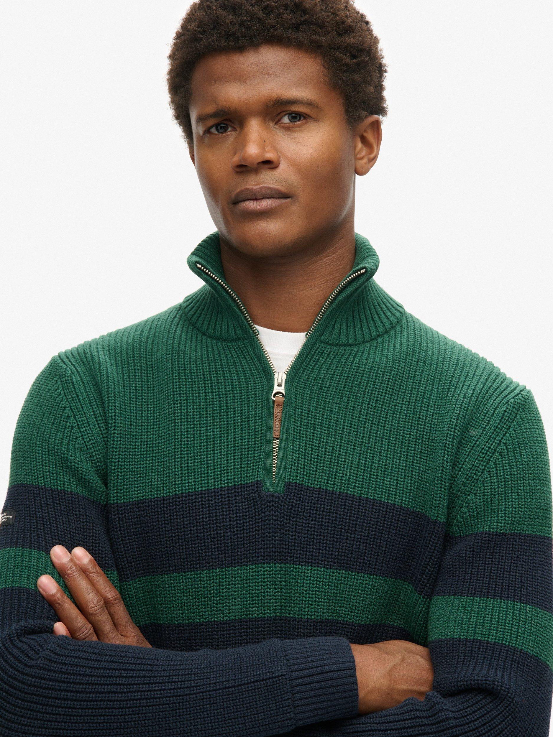 Product image 6 of 11, which shows Superdry Organic Cotton Classic Stripe Half-zip Jumper, Navy/Green, S