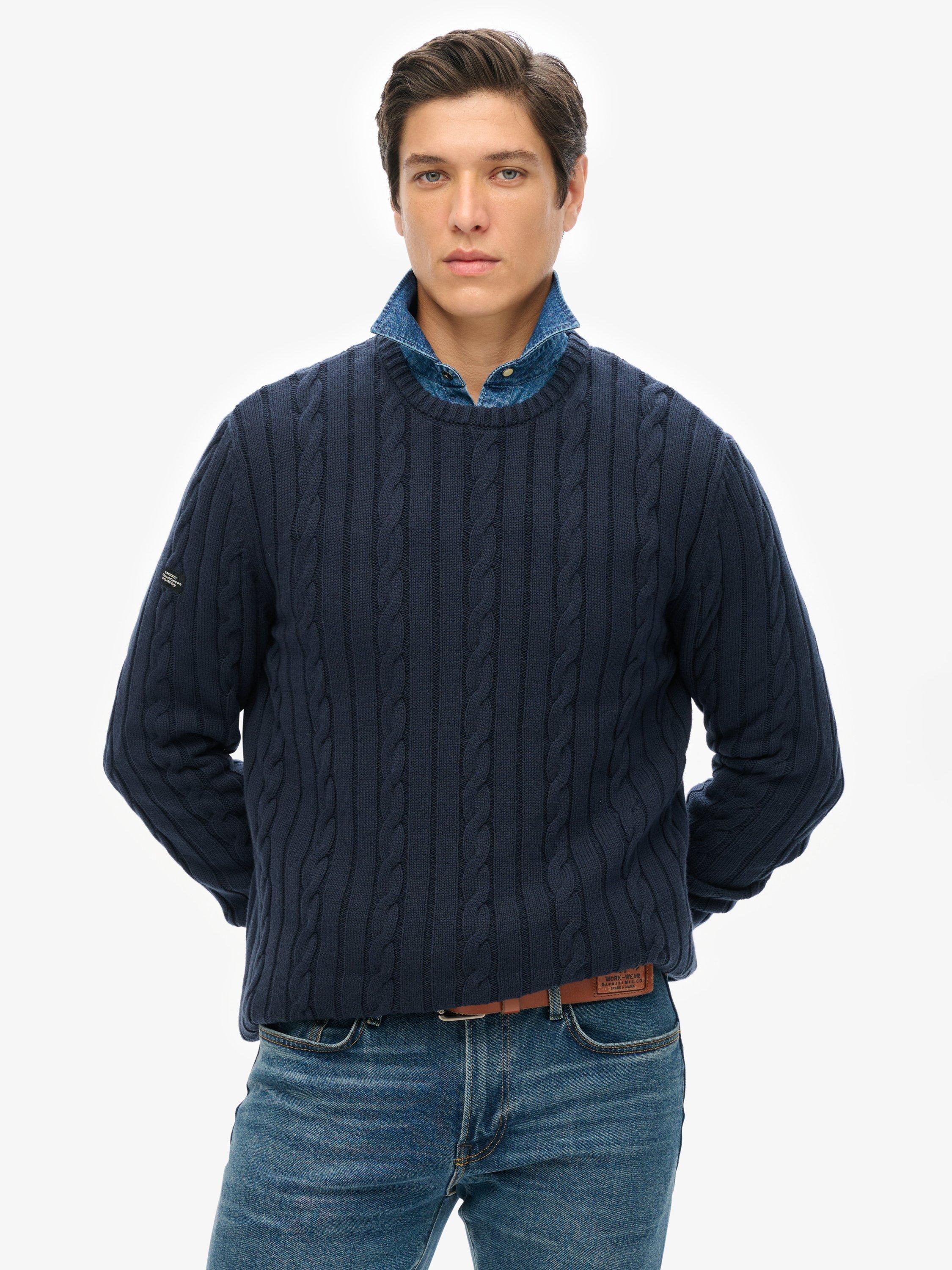 Product image 1 of 5, which shows Superdry Organic Cotton Classic Cable Knit Crew Jumper, Navy, S
