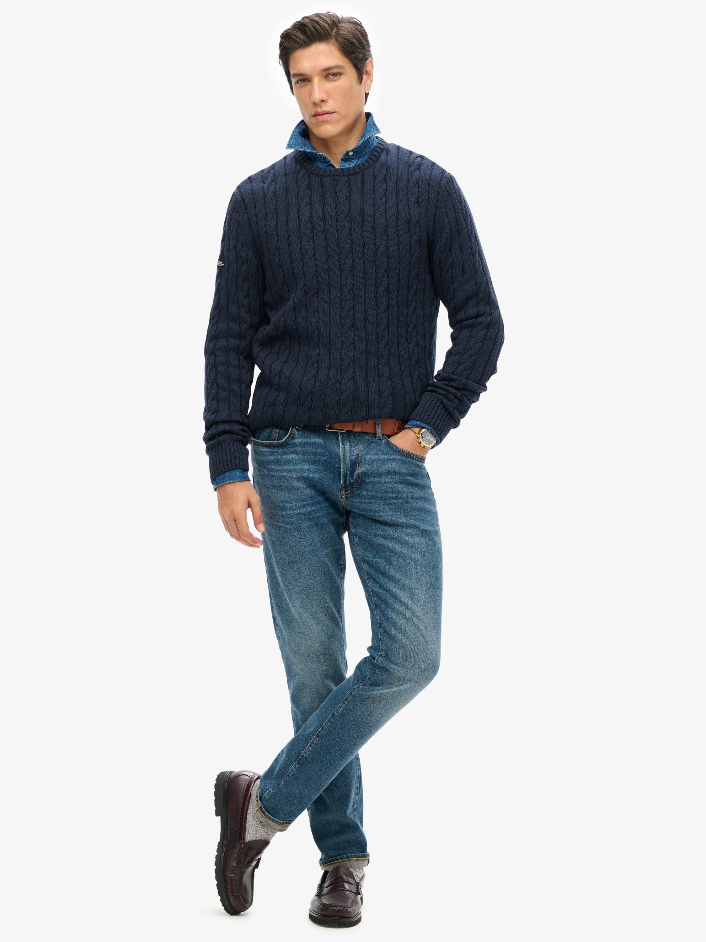 Product image 3 of 5, which shows Superdry Organic Cotton Classic Cable Knit Crew Jumper, Navy, S
