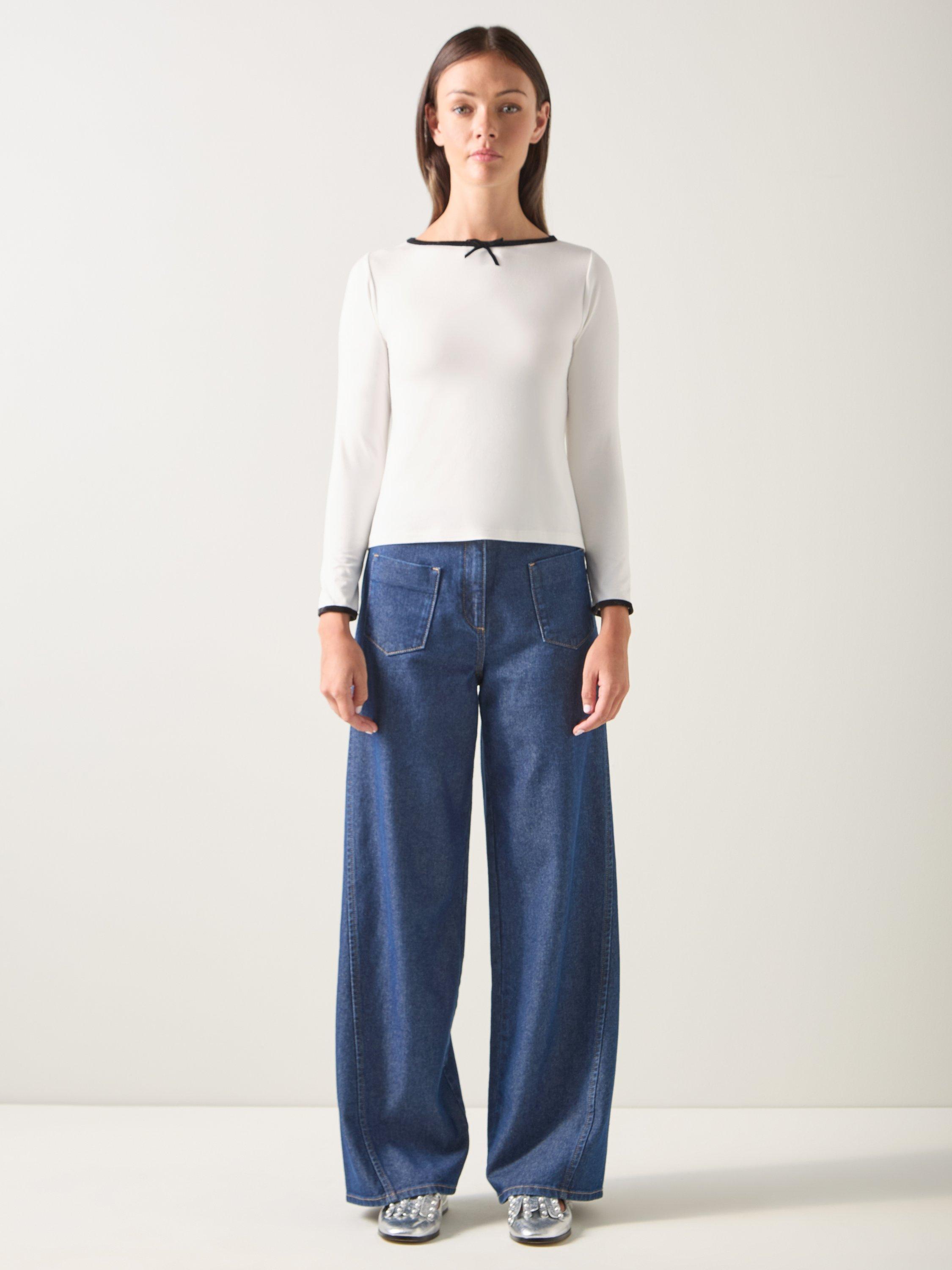 Product image 1 of 11, which shows LKB London Bow Mix Jersey Tops, Mul-ivory/Black, XS