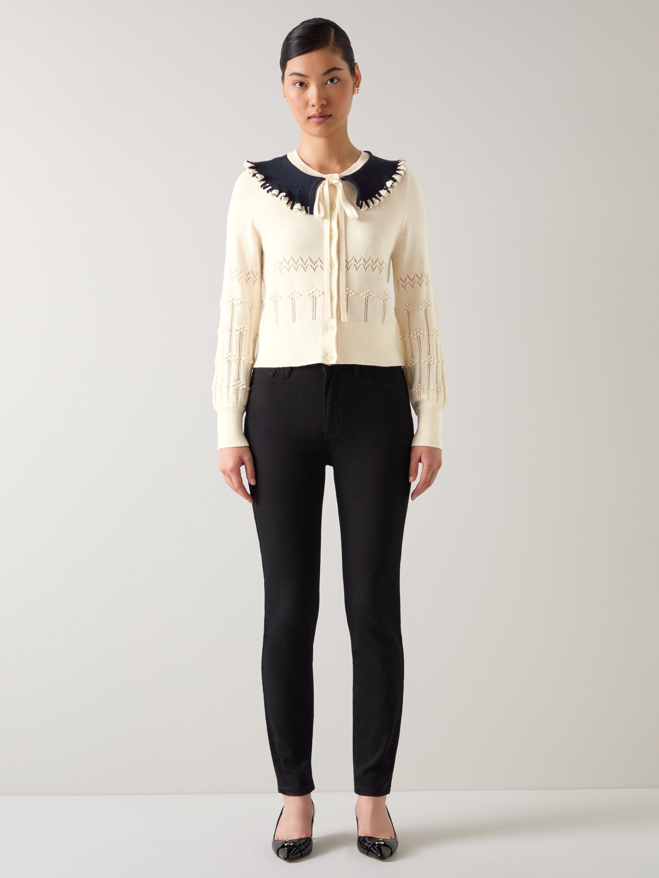 Product image 1 of 4, which shows L.K.Bennett Olivia Frill Neck Cardigan, Cream, XS