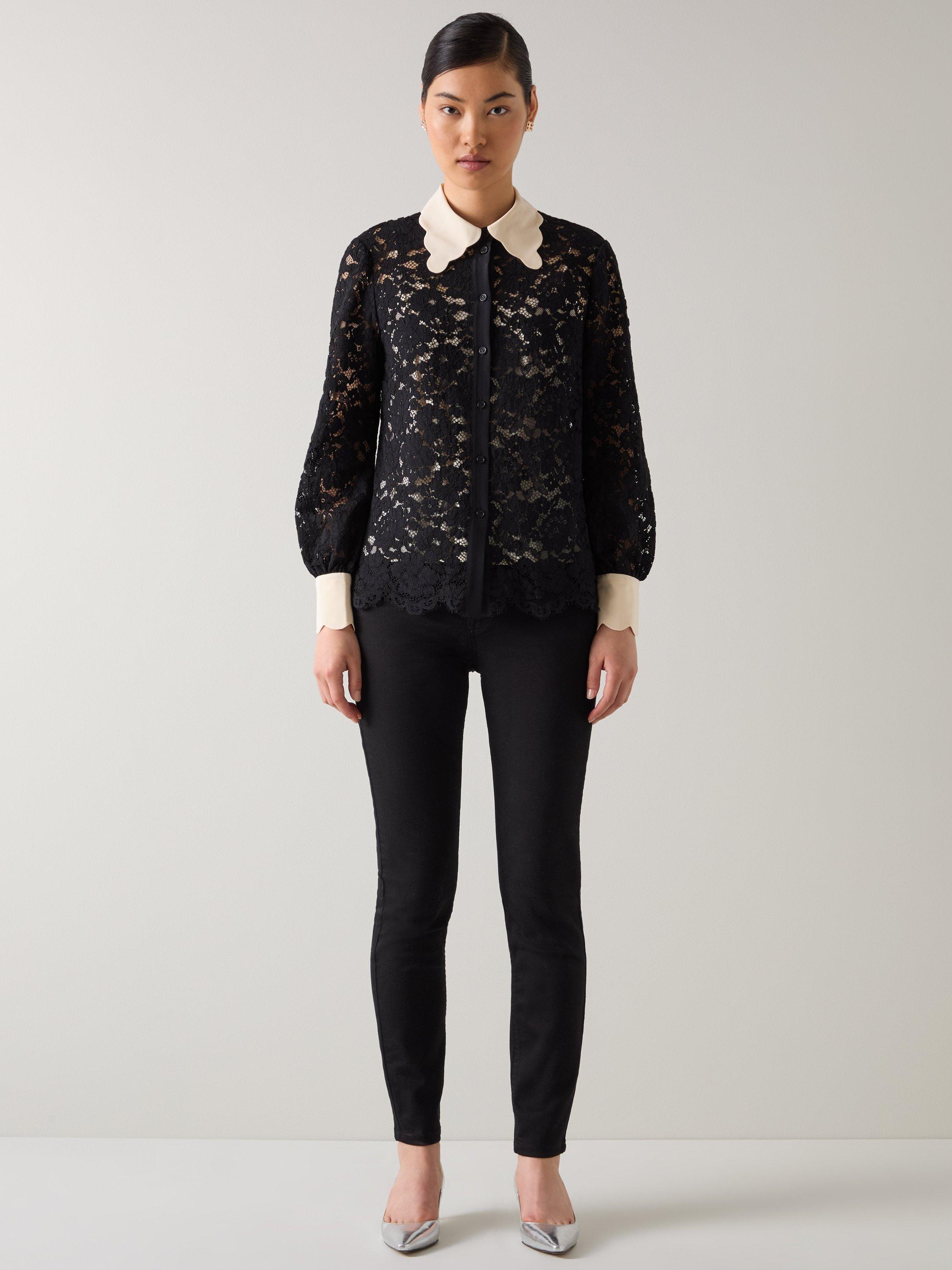 Product image 1 of 3, which shows L.K.Bennett Yvette Lace Blouse, Black/Cream, 6