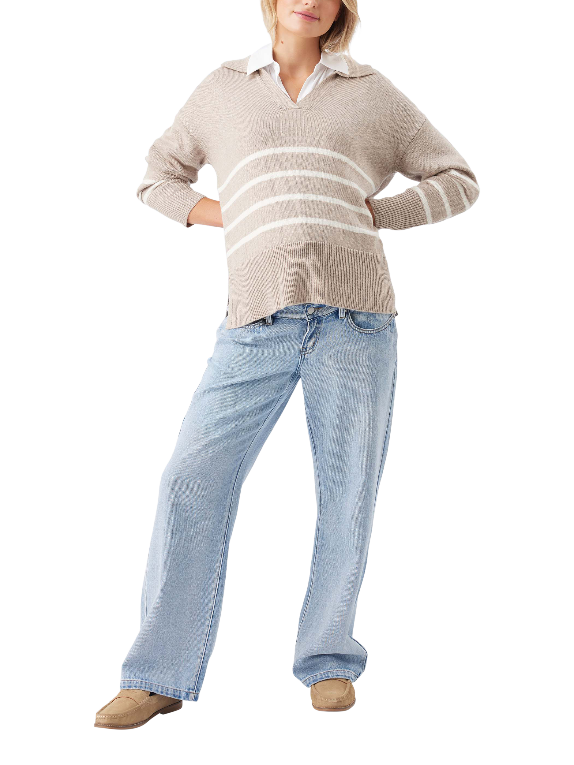 Product image 1 of 9, which shows Ripe Lori Stripe Nursing Knit Jumper, Latte/Chalk, XS