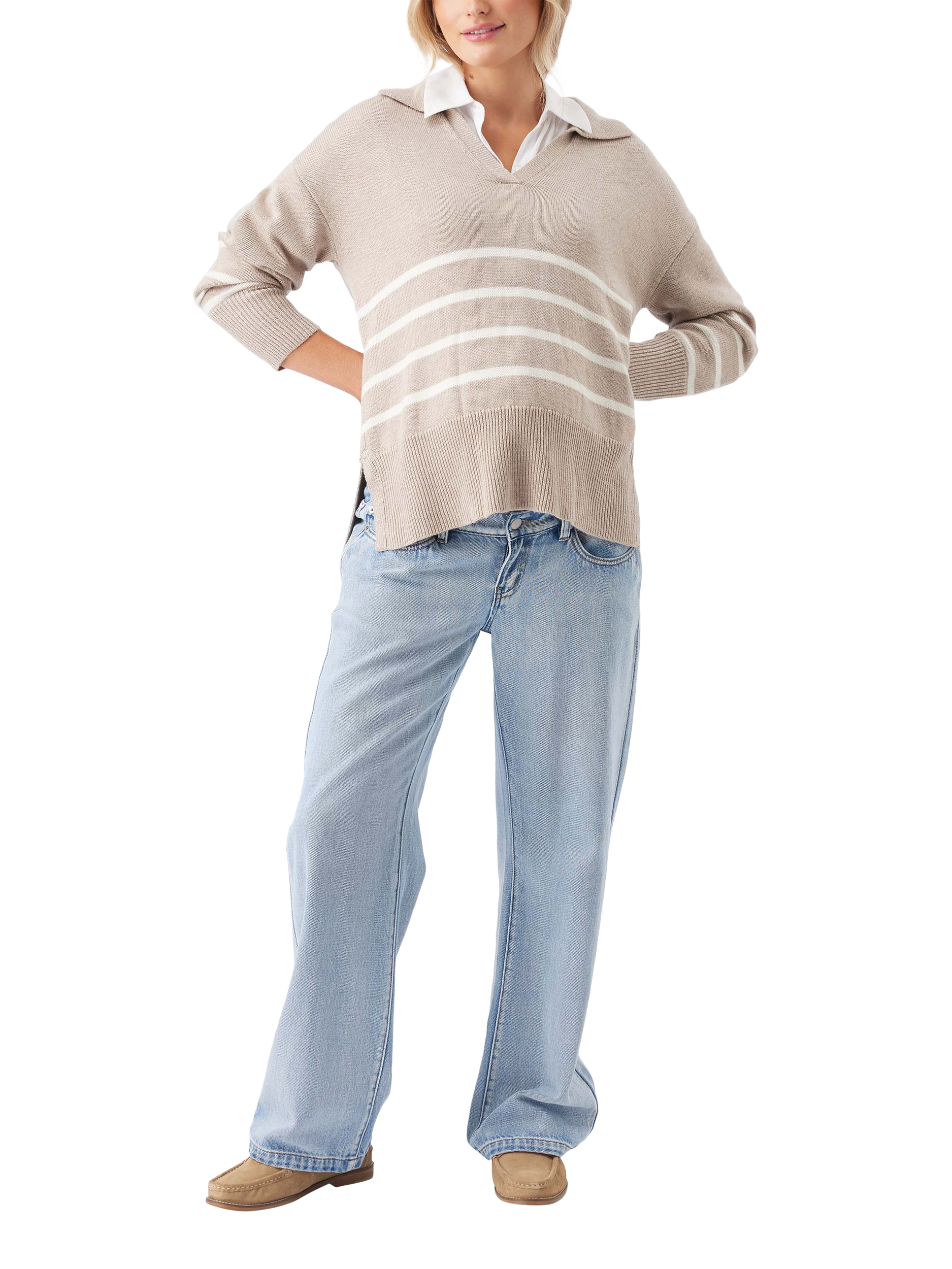 Product image 3 of 9, which shows Ripe Lori Stripe Nursing Knit Jumper, Latte/Chalk, XS