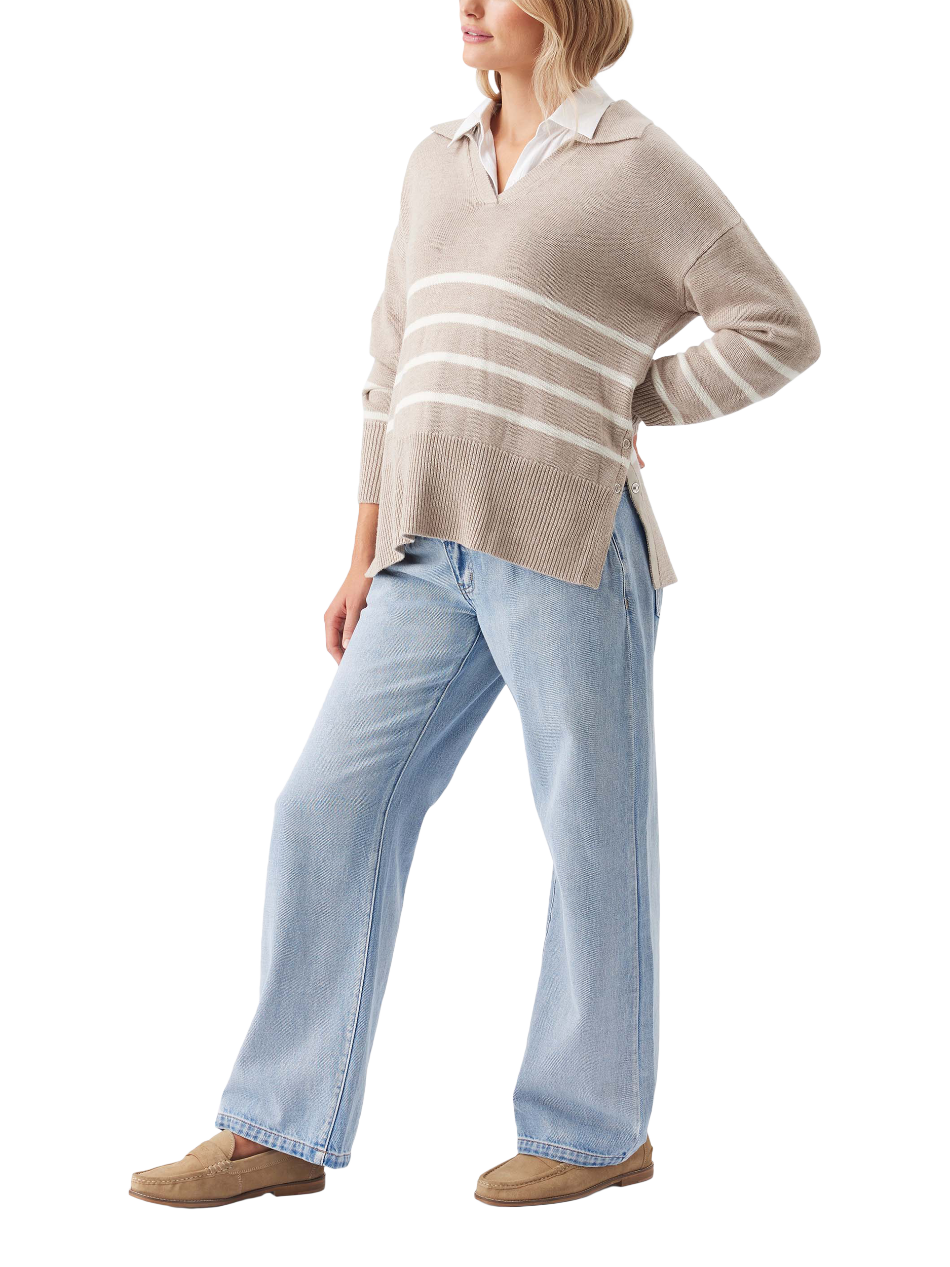 Product image 4 of 9, which shows Ripe Lori Stripe Nursing Knit Jumper, Latte/Chalk, XS