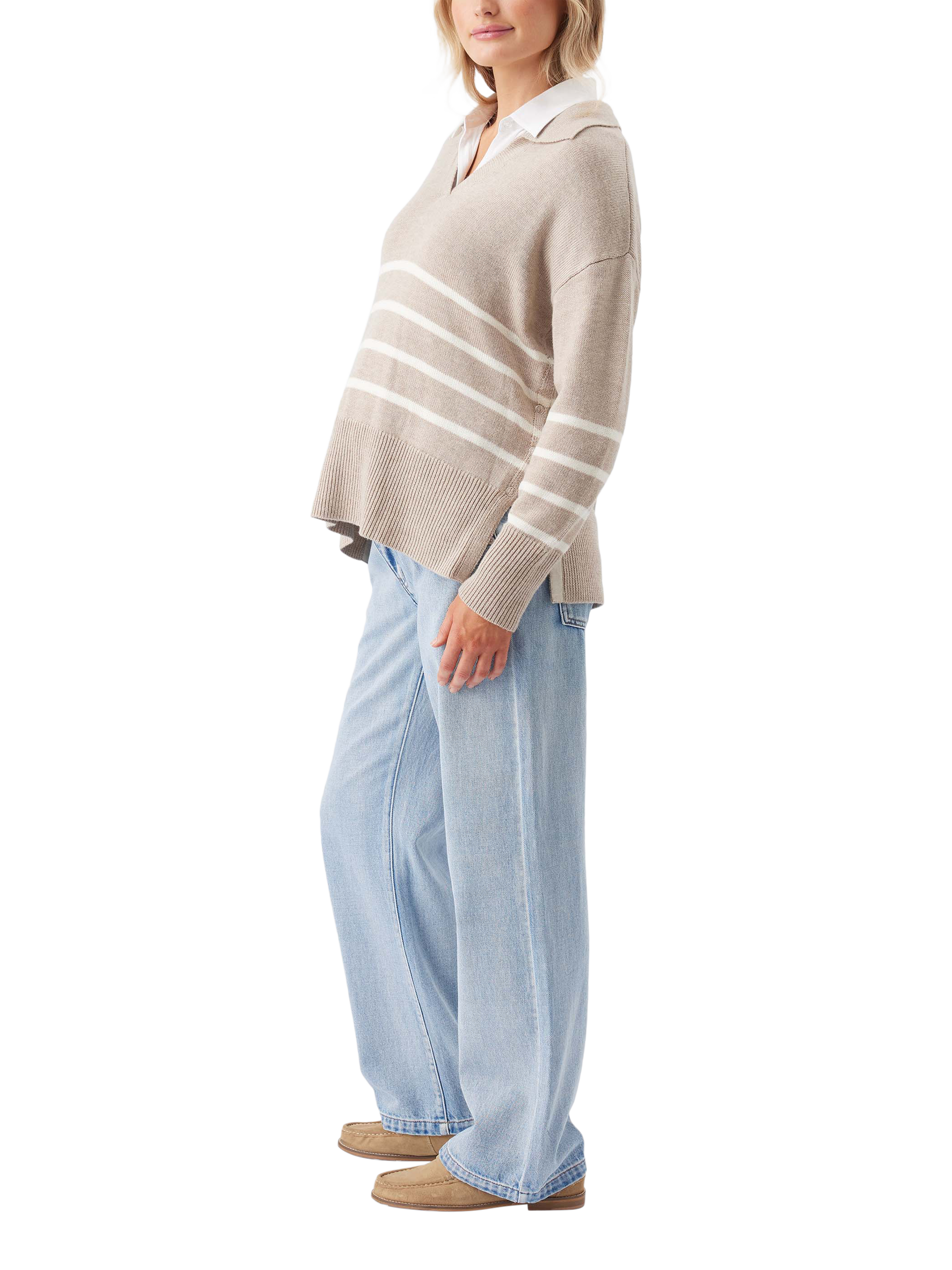 Product image 5 of 9, which shows Ripe Lori Stripe Nursing Knit Jumper, Latte/Chalk, XS