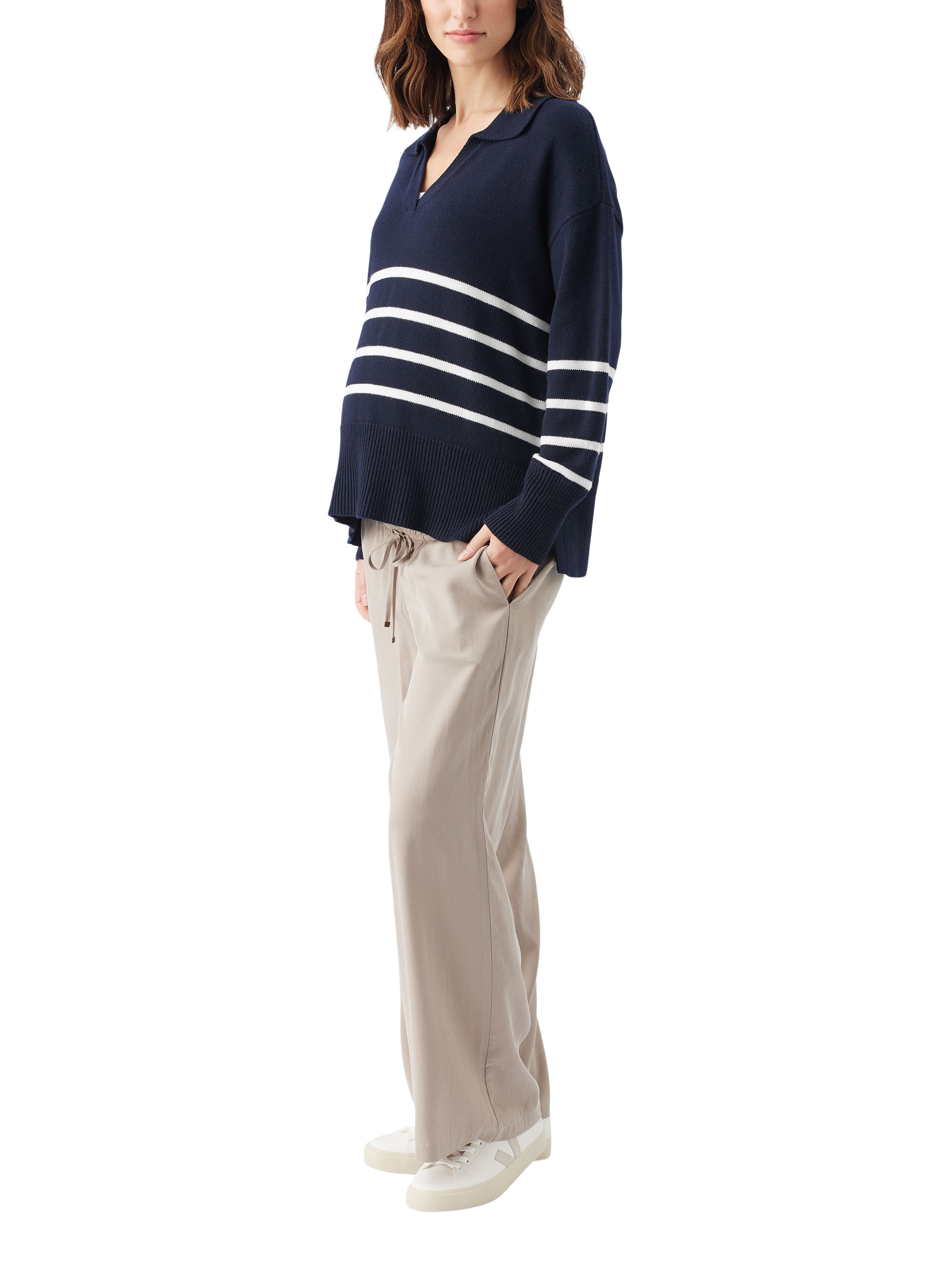 Product image 2 of 8, which shows Ripe Lori Stripe Nursing Knit Jumper, Navy/White, XS