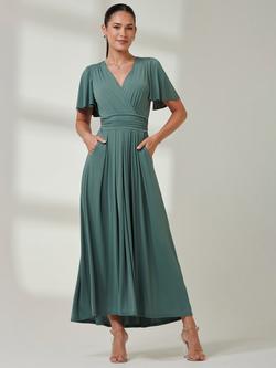 Jolie Moi Angel Sleeve V Neck Wrap Maxi Dress, Pleat Green