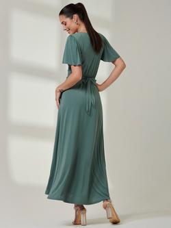 Jolie Moi Angel Sleeve V Neck Wrap Maxi Dress - view 2, Pleat Green