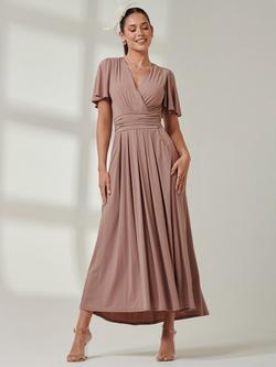 Jolie Moi Rose Short Sleeve Scoop Back Wrap Maxi Dress, Rose Taupe
