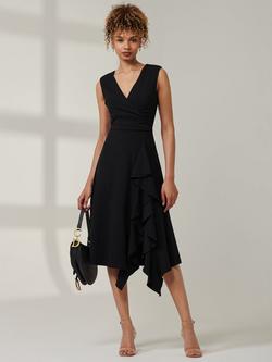 Jolie Moi Sleeveless V Neck Ruffle Wrap Midi Dress, Black