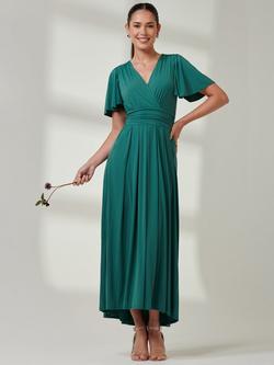 Jolie Moi Short Sleeve V Neck Scoop Back Wrap Maxi Dress, Dark Teal