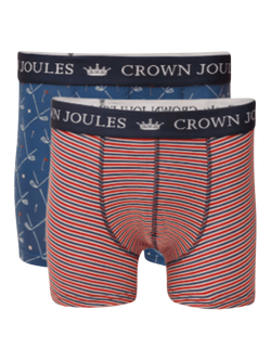 Joules Cotton Stretch Graphic Print Crown Joules Boxers, Blue/Red, Blue/Red