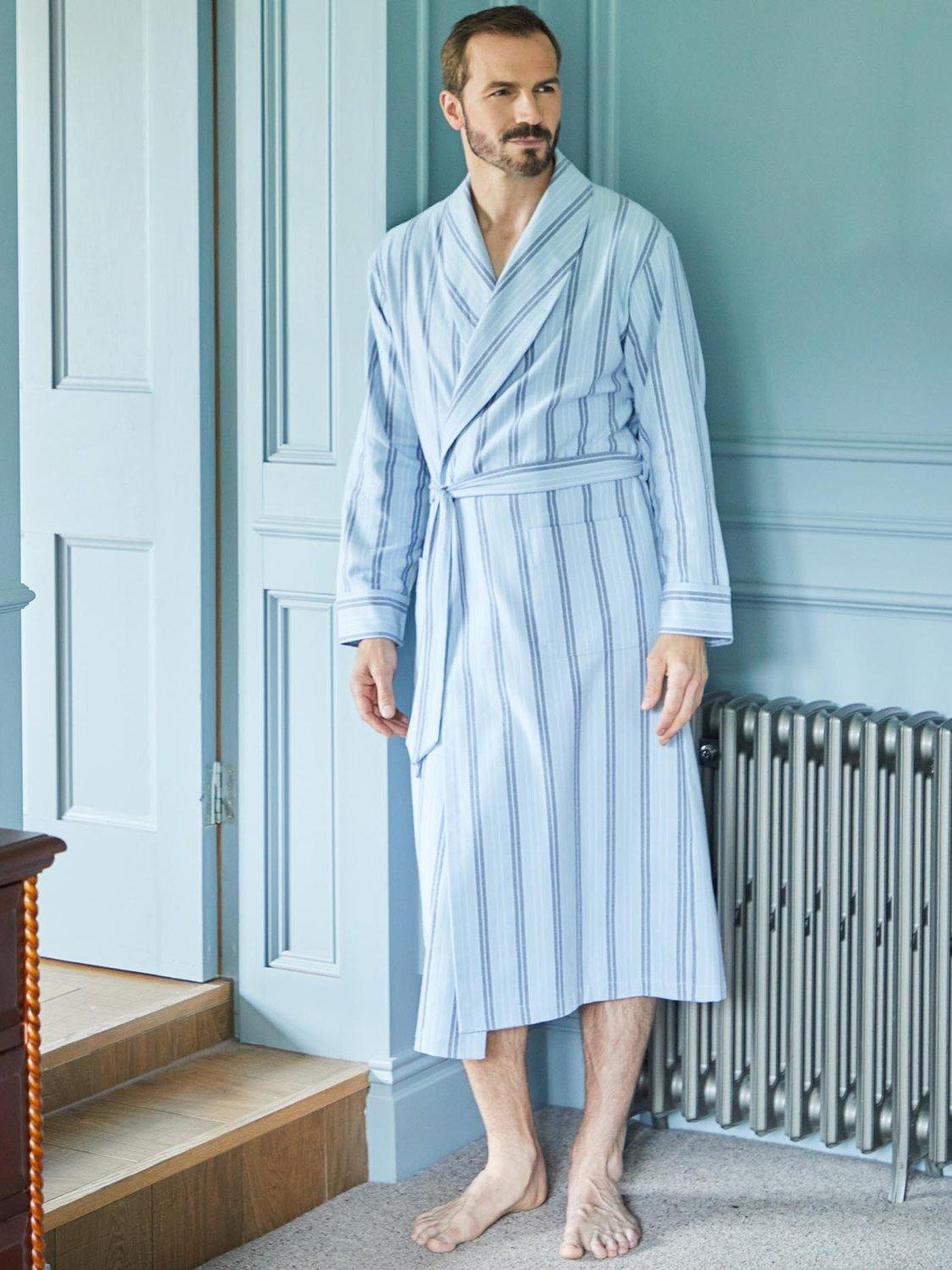Product image 1 of 5, which shows British Boxers Stripe Brushed Cotton Dressing Gown, Brighton Blue, S
