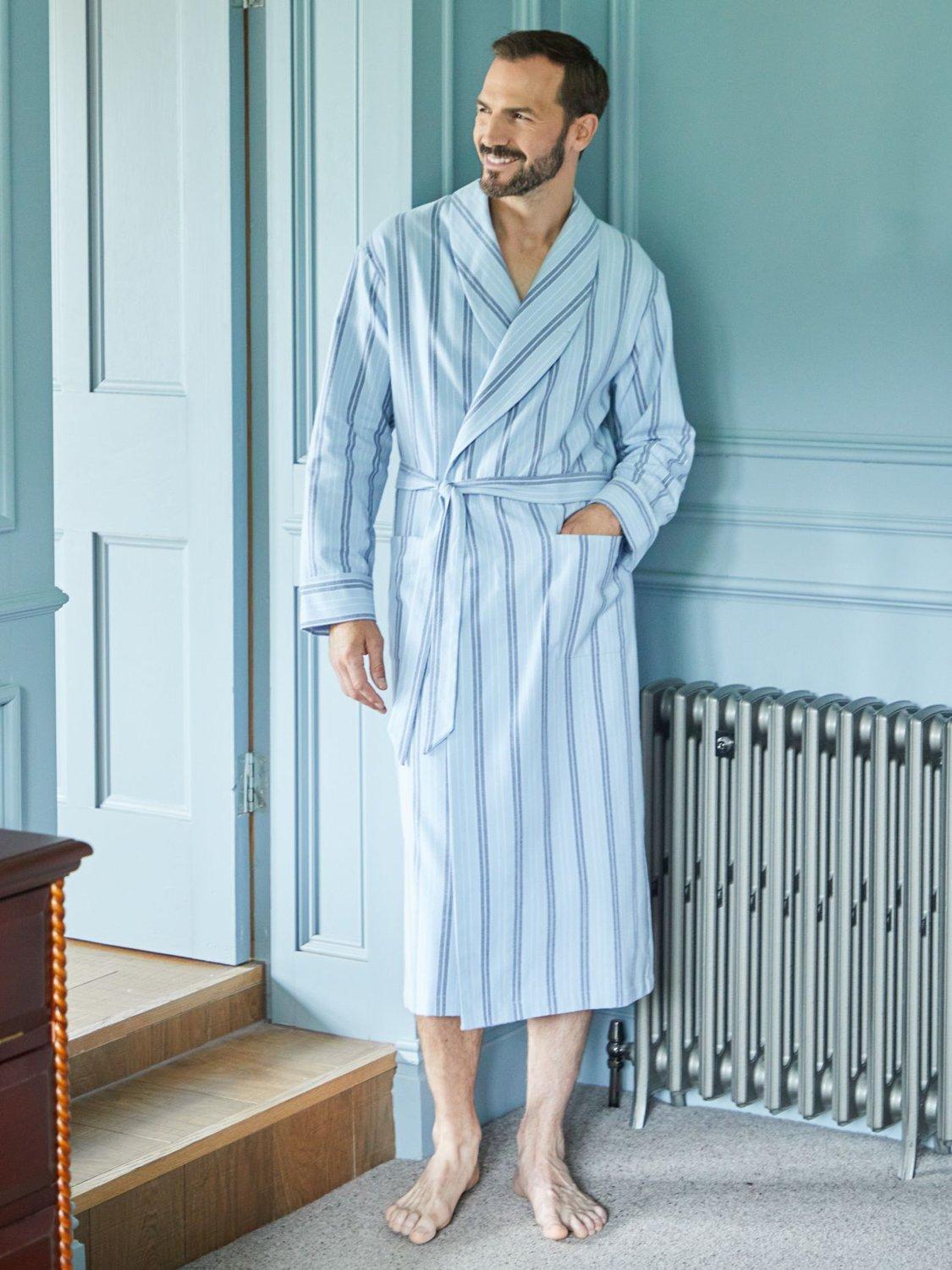Product image 2 of 5, which shows British Boxers Stripe Brushed Cotton Dressing Gown, Brighton Blue, S