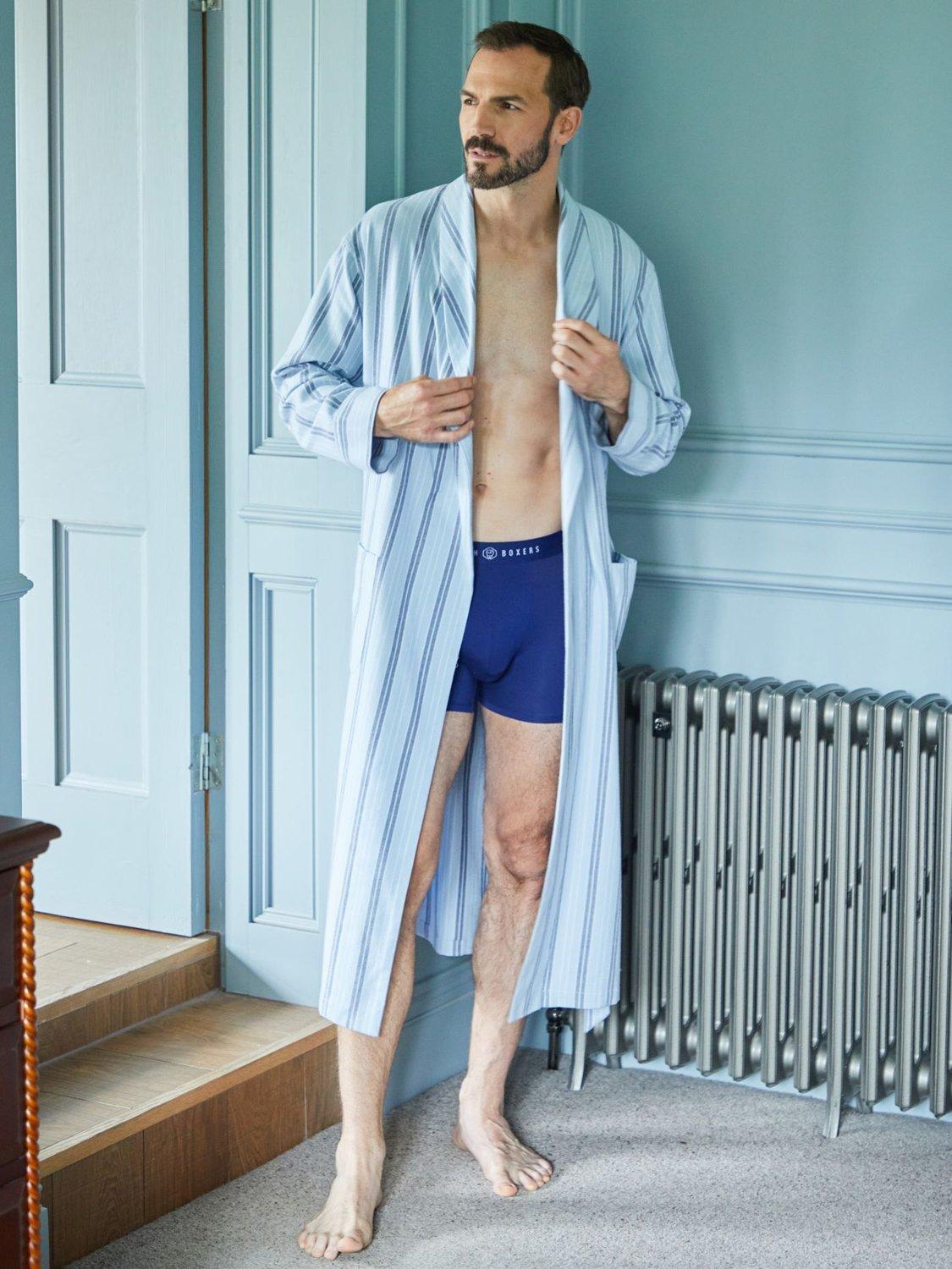 Product image 3 of 5, which shows British Boxers Stripe Brushed Cotton Dressing Gown, Brighton Blue, S
