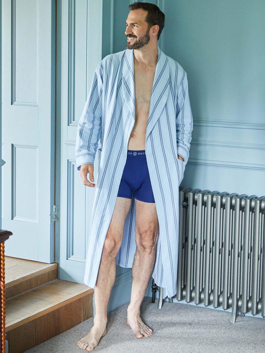 Product image 4 of 5, which shows British Boxers Stripe Brushed Cotton Dressing Gown, Brighton Blue, S