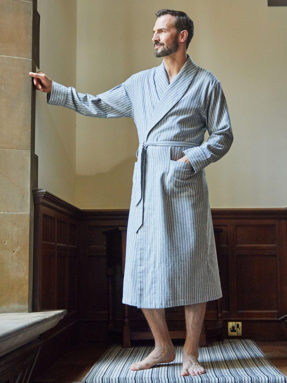 Product image 2 of 5, which shows British Boxers Stripe Brushed Cotton Dressing Gown, Chalk, S