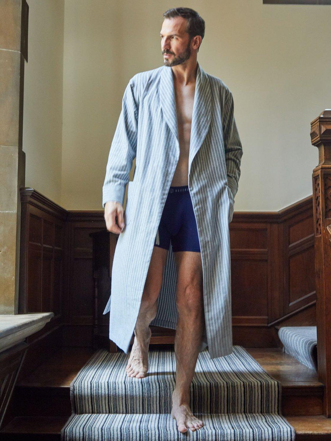 Product image 3 of 5, which shows British Boxers Stripe Brushed Cotton Dressing Gown, Chalk, S