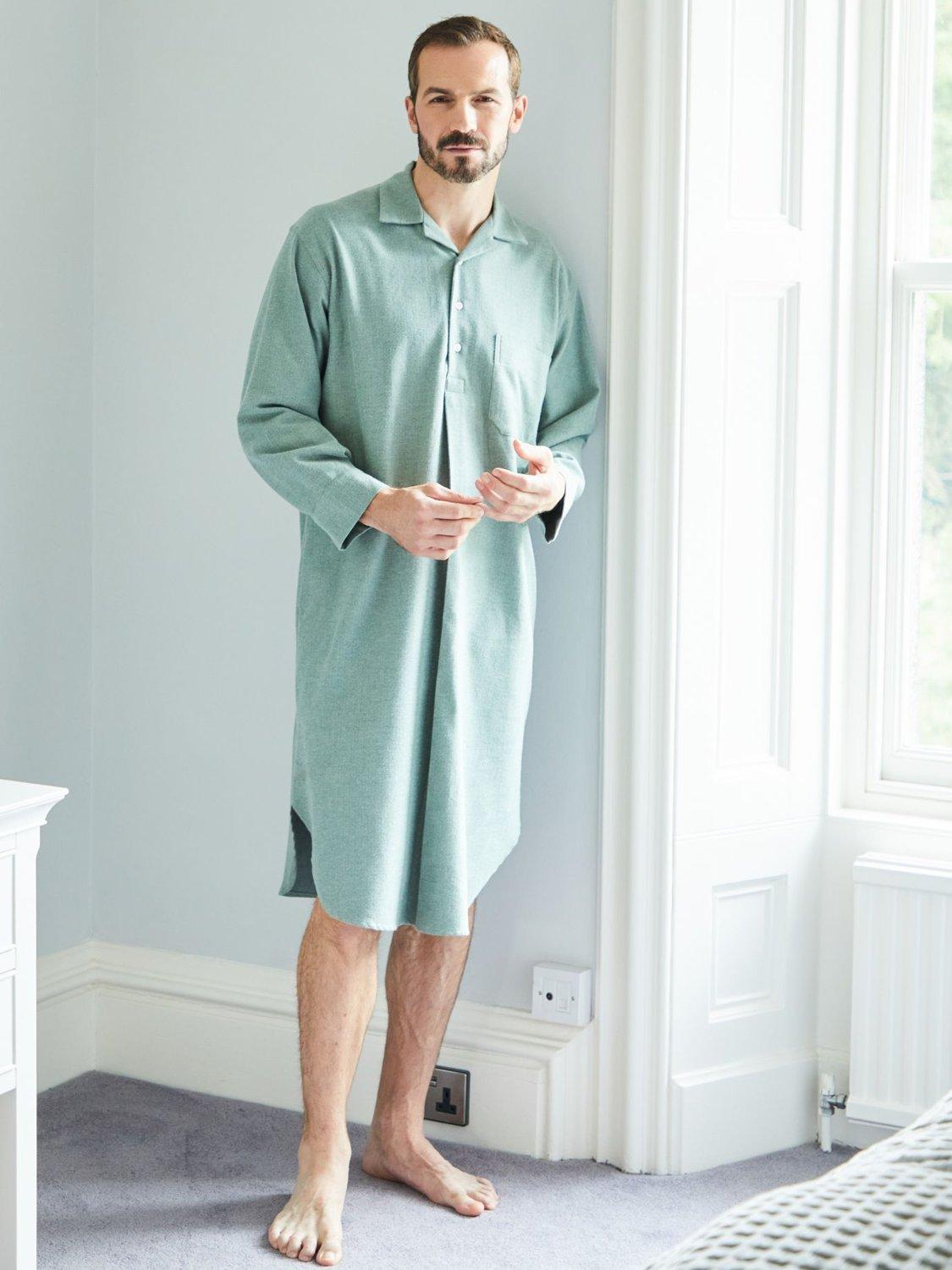 Product image 1 of 4, which shows British Boxers Herringbone Brushed Cotton Nightshirt, Moss, S