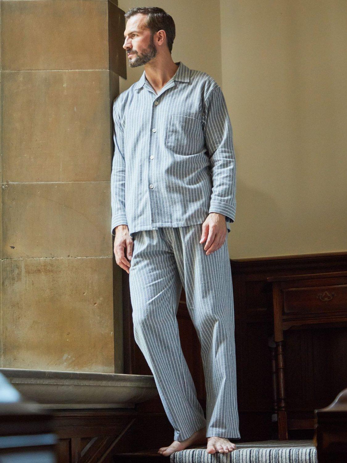 Product image 1 of 4, which shows British Boxers Stripe Brushed Cotton Pyjama Set, Chalk, S