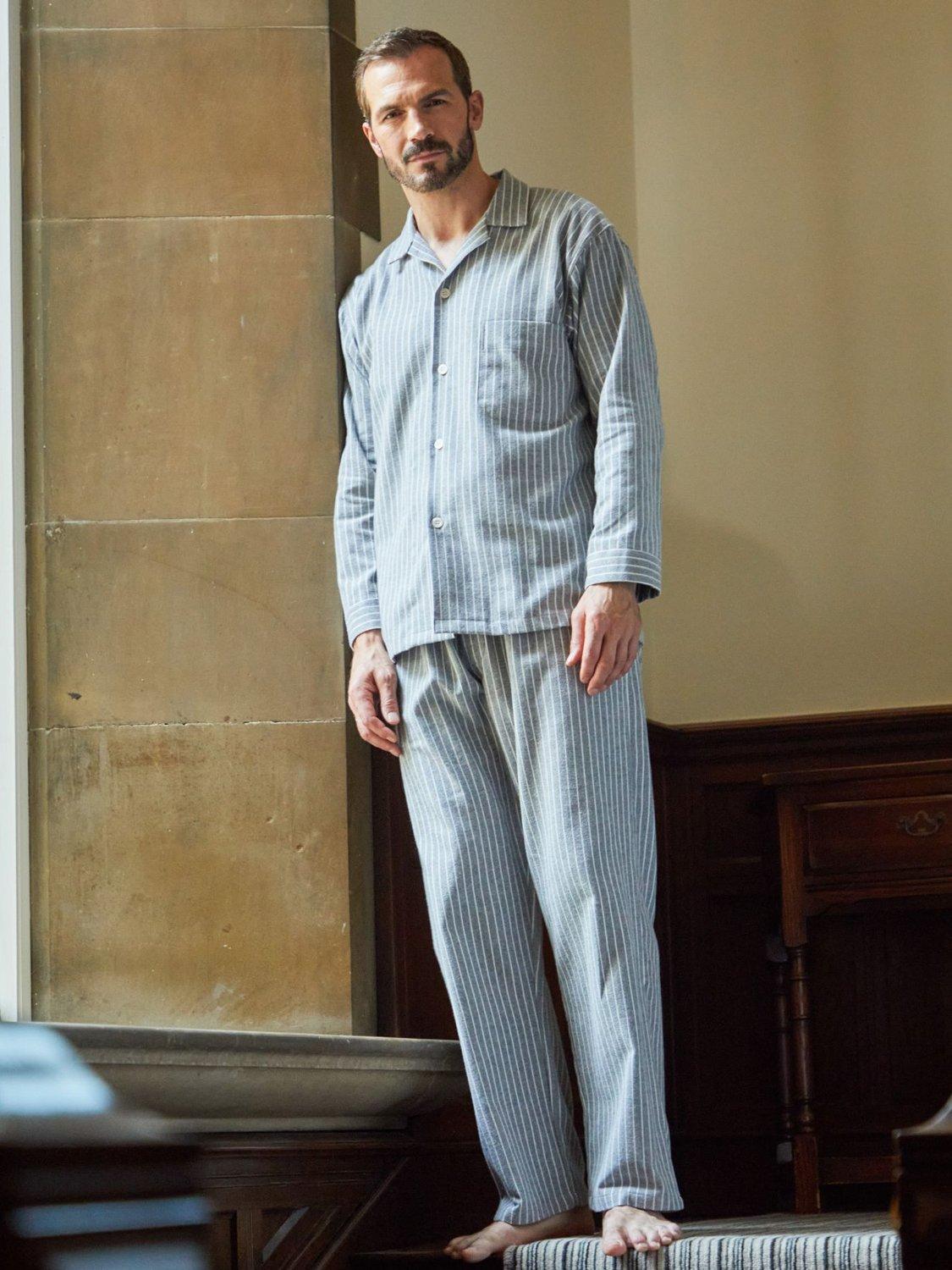 Product image 2 of 4, which shows British Boxers Stripe Brushed Cotton Pyjama Set, Chalk, S