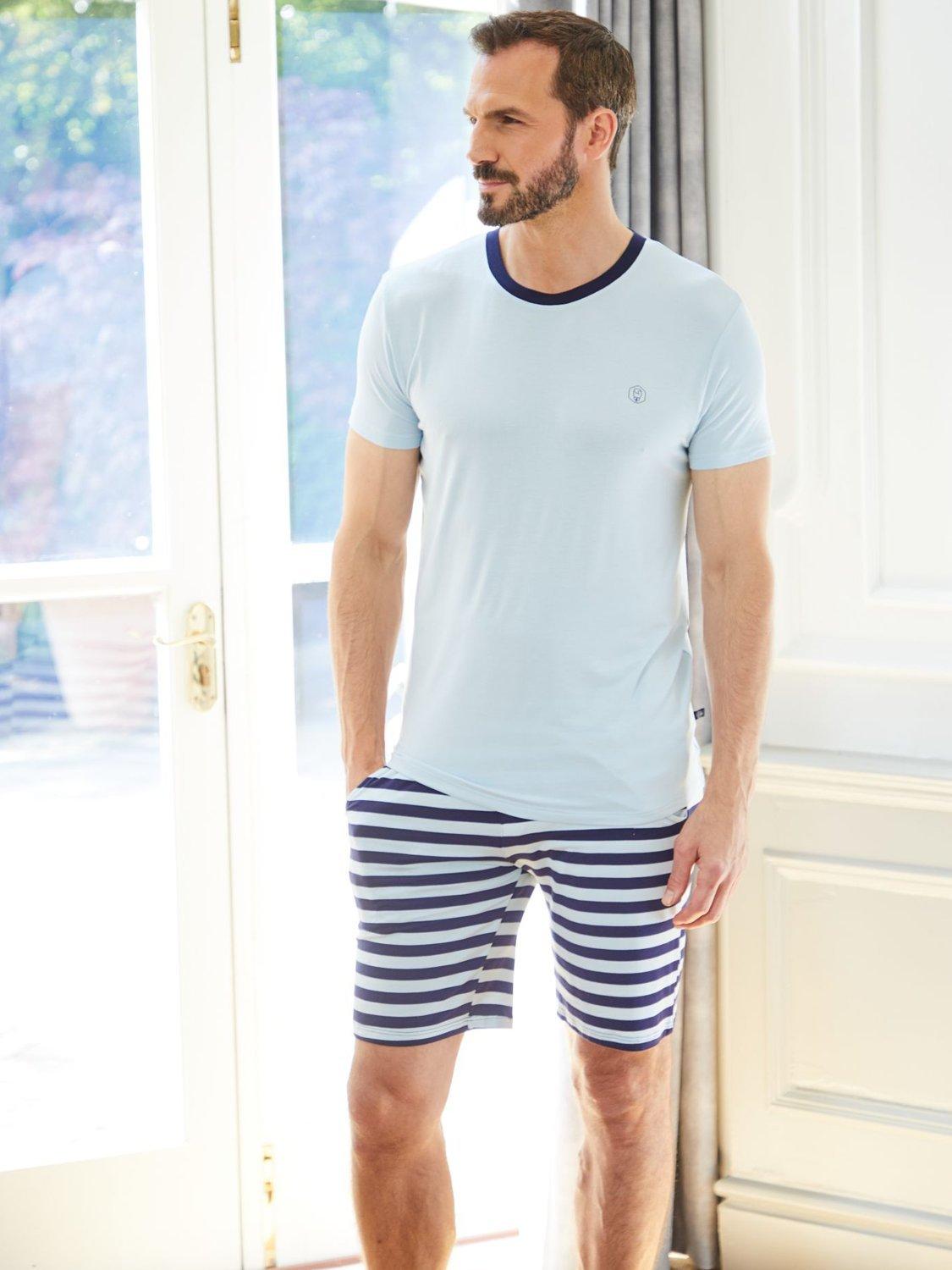 Product image 1 of 3, which shows British Boxers Bamboo Blend Stripe Short Pyjama Set, Skyline, S