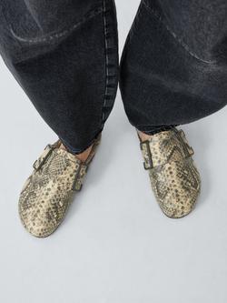 John Lewis Gorgeous Snake Print Leather Buckle Footbed Mule Sandals, Ecru/Grey - view 2, Ecru/Grey