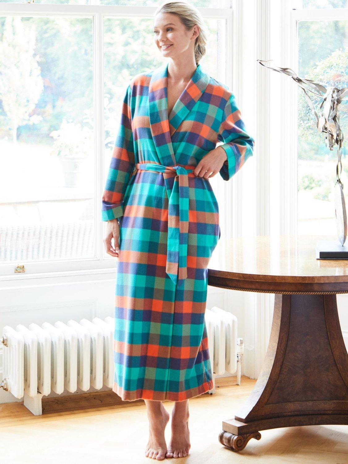 Product image 2 of 5, which shows British Boxers Check Brushed Cotton Dressing Gown, Acorn Squash, XS