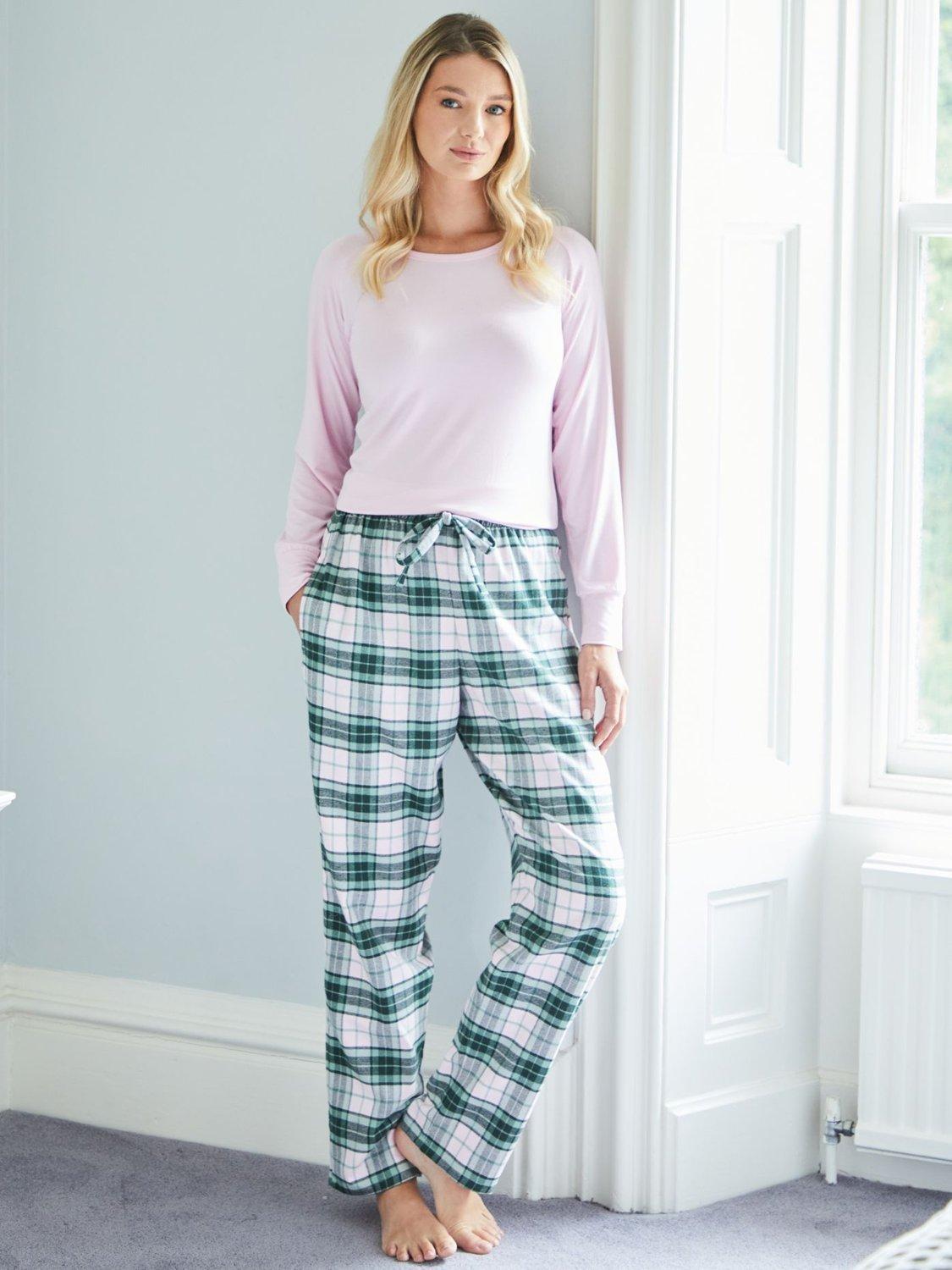 Product image 1 of 5, which shows British Boxers Tartan Brushed Cotton Pyjama Trousers, Burnet Rose, XS