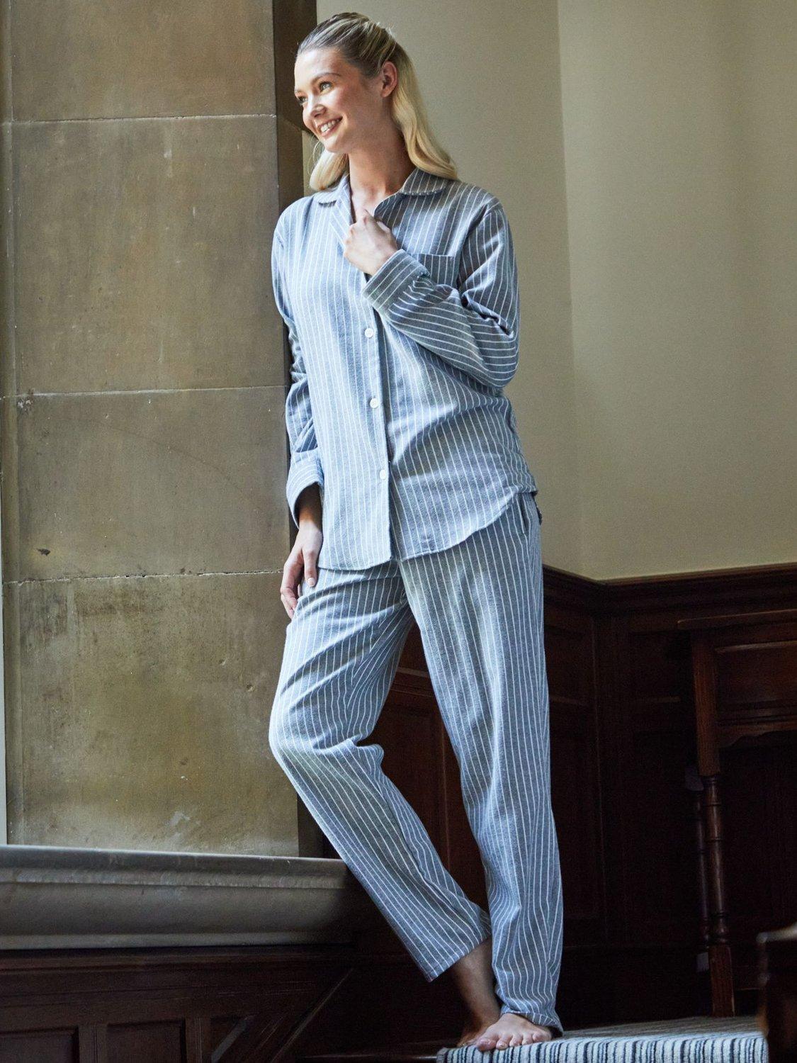 Product image 1 of 3, which shows British Boxers Stripe Brushed Cotton Pyjama Set, Chalk, XS