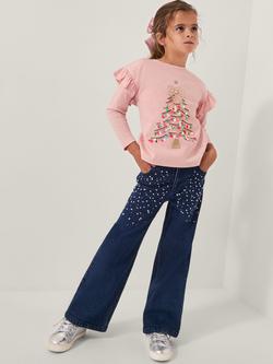 Monsoon Kids' Cotton Sequin Christmas Tree T-Shirt, Pink, Pink