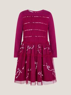 Monsoon Kids' Bow Embellished Jersey Tulle Dress, Red - view 2, Red