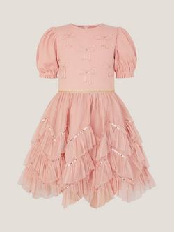 Monsoon Kids' Bow Puff Sleeve Dress, Pink - view 2, Pink
