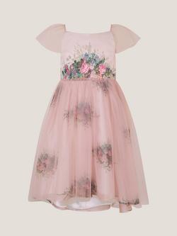 Monsoon Kids' Charlotte Tulle Short Sleeved Floral Dress, Pink - view 2, Pink