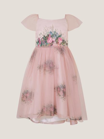 Monsoon Kids' Charlotte Tulle Short Sleeved Floral Dress, Pink - view 2, Pink