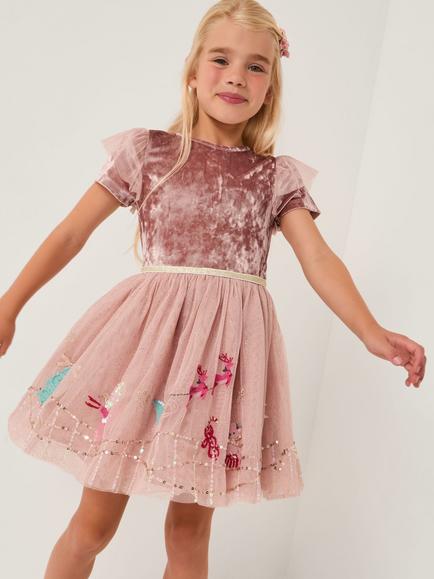 Monsoon Kids' Christmas Scene Velvet Disco Dress, Pink, Pink