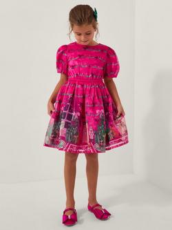 Monsoon Kids' Christmas Scene Bow Puff Sleeve Dress, Pink, Pink