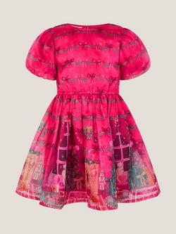 Monsoon Kids' Christmas Scene Bow Puff Sleeve Dress, Pink - view 2, Pink